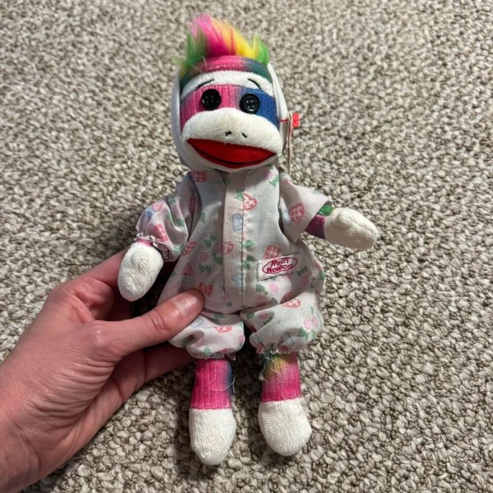 TY Beanie Baby Rainbow Sock Monkey with My 1st Newborn Outfit
